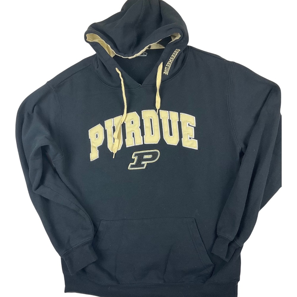 Purdue Boilermakers Hoodie Mens Large Black‎ Gold Tackle Twill Embroidered L